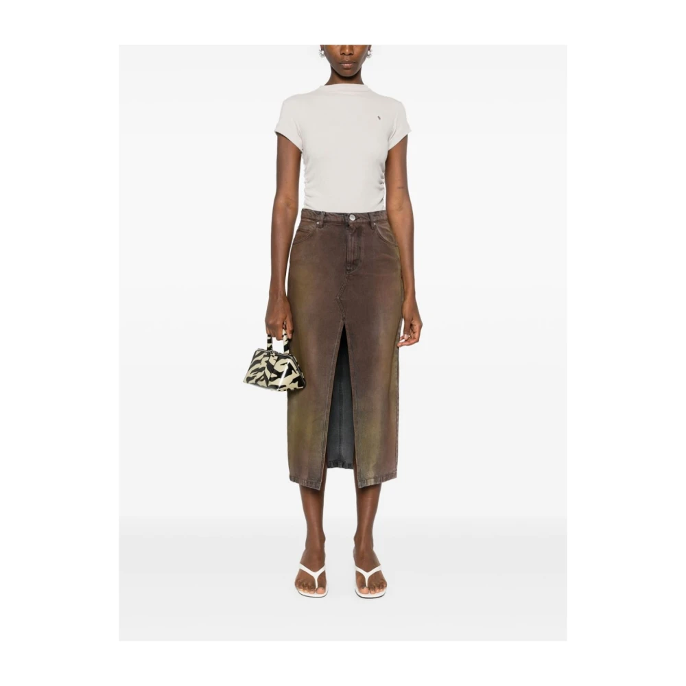pinko Denim Midi Rok met Logo Patch Brown Dames