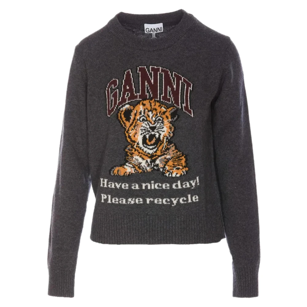 Ganni Tijger Grafische Crewneck Sweater Gray Dames
