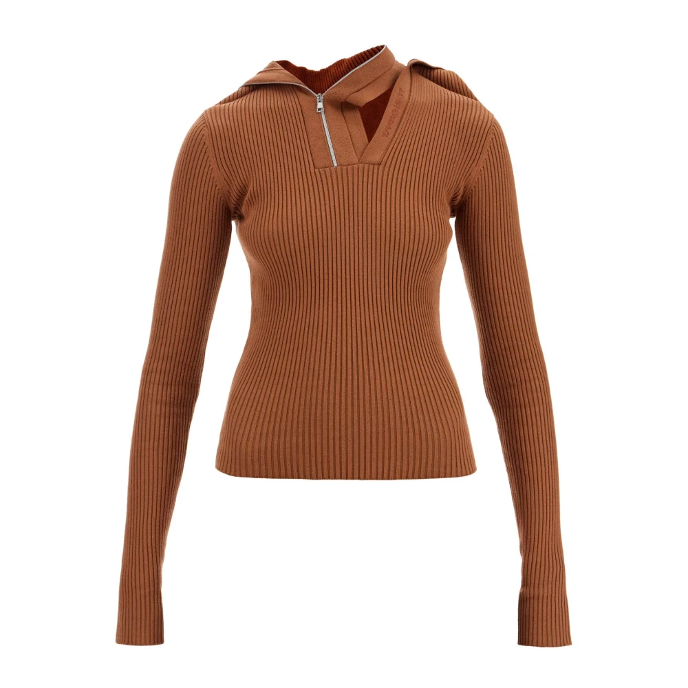 Y Project Geribbelde gebreide longsleeve top met speld Brown Dames