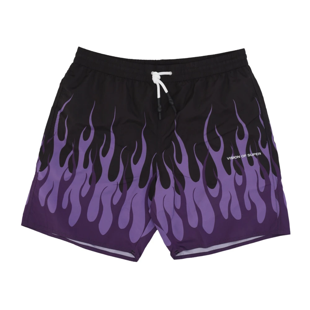 Vision Of Super Men's Black Flames Swim Shorts /Purple - Beachwear - L - Swimwear