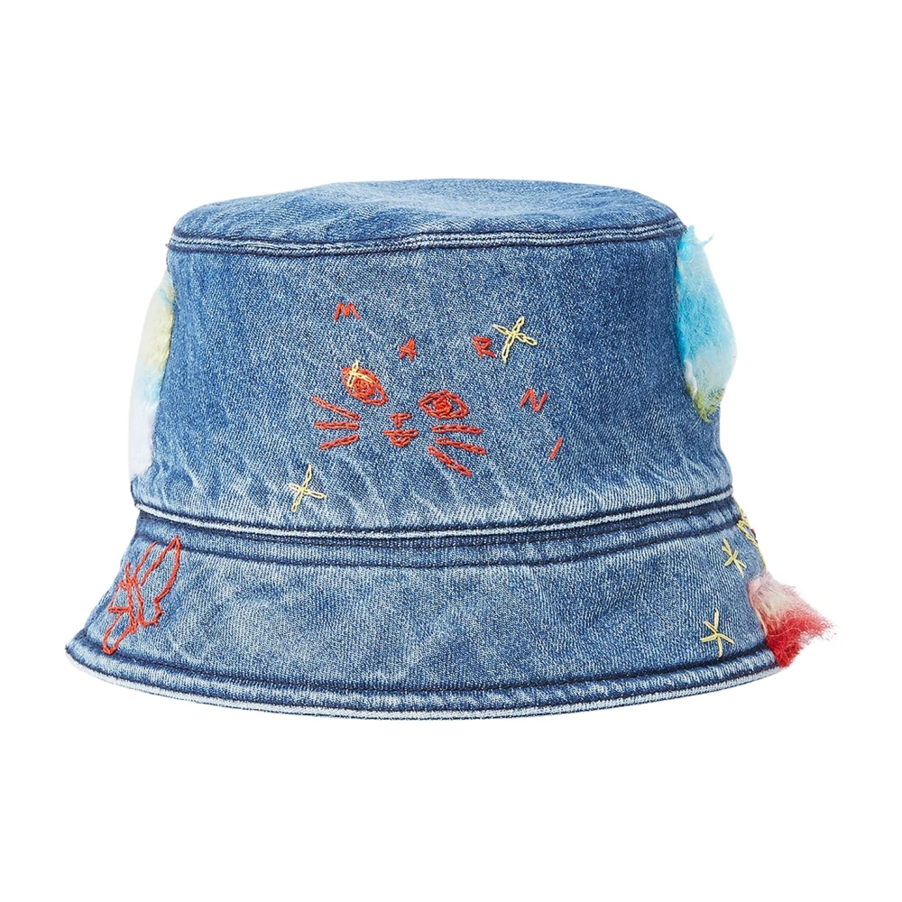 Marni denim bucket hat met mohair patches Blue Dames