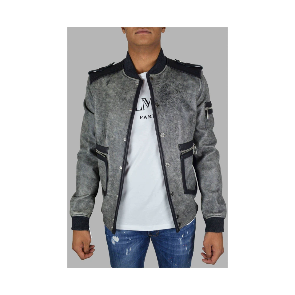 Philipp Plein Verouderde grijze leren jas met zwarte details Gray Heren