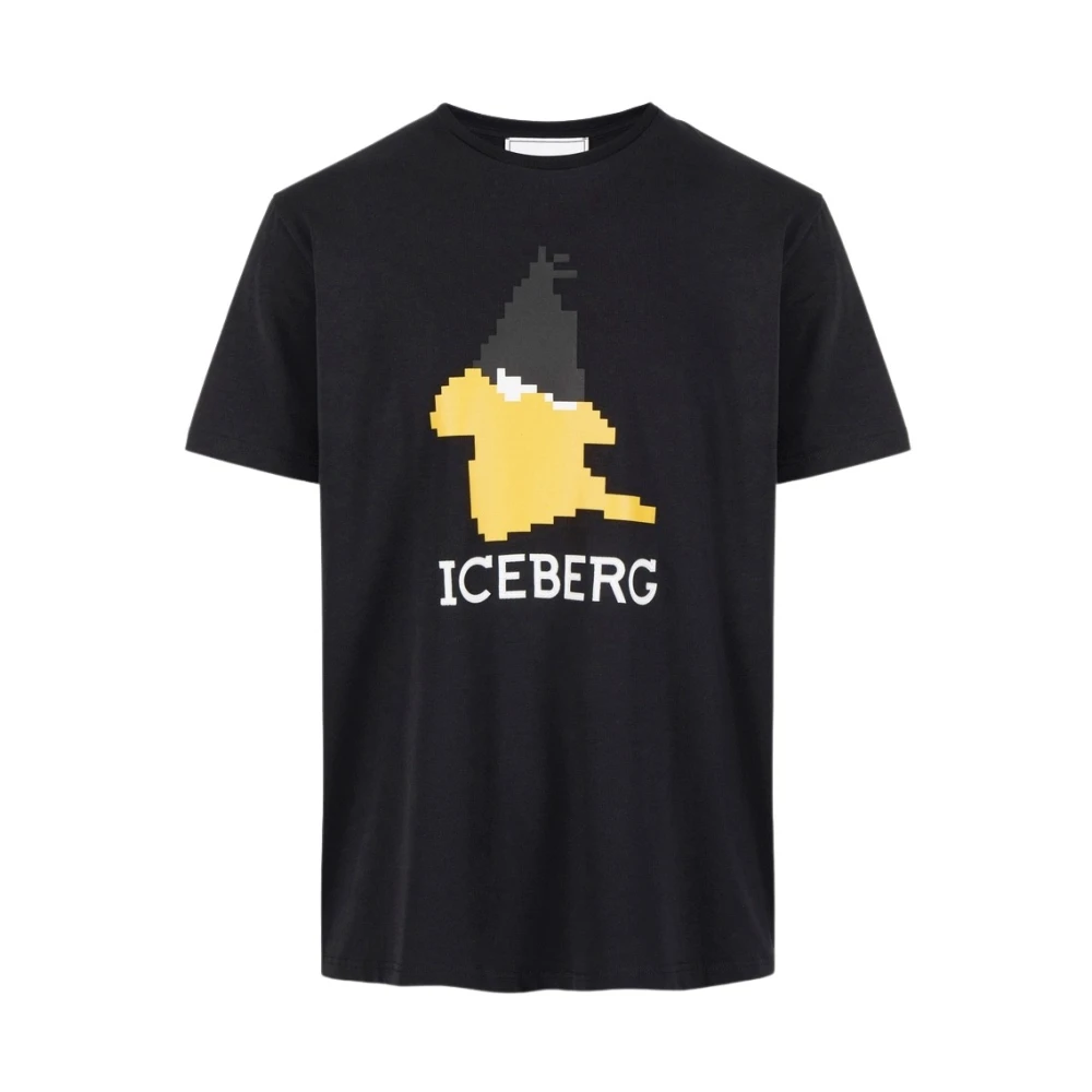 Iceberg Men's Black T-Shirts,, Daffy Face Print Tee Large