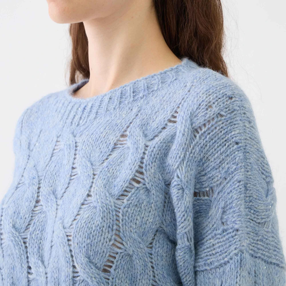 Le Tricot Perugia Gevlochten en met pailletten versierde trui met ronde hals Blue Dames