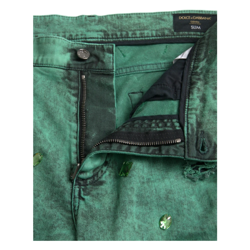 Dolce & Gabbana Groene Kristal Skinny Denim Jeans Green Heren