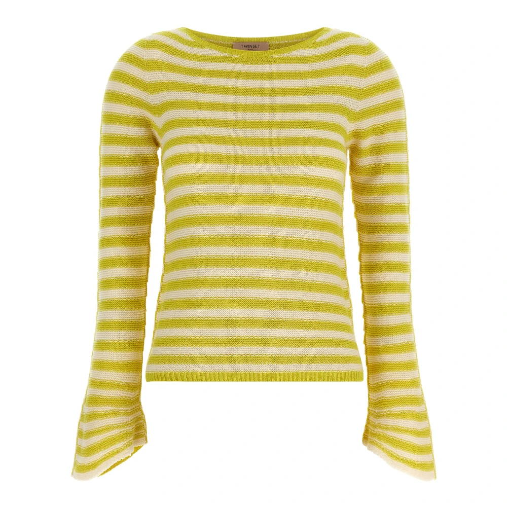 Twinset Women's Yellow Round-Neck Knitwear, L, Two-Tone Striped Seamless Crew Neck Jumper
