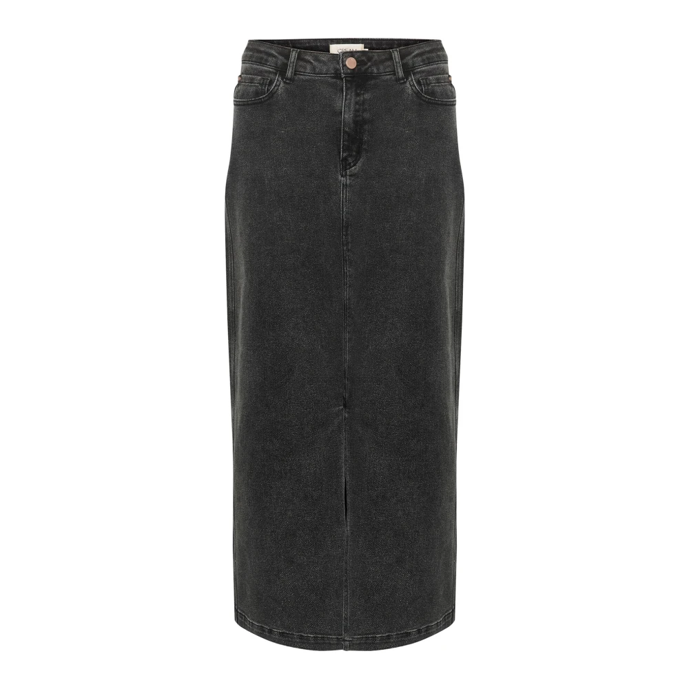 Cream Black Denim Skirts, Female, L, Washed Denim Skirt With Slit