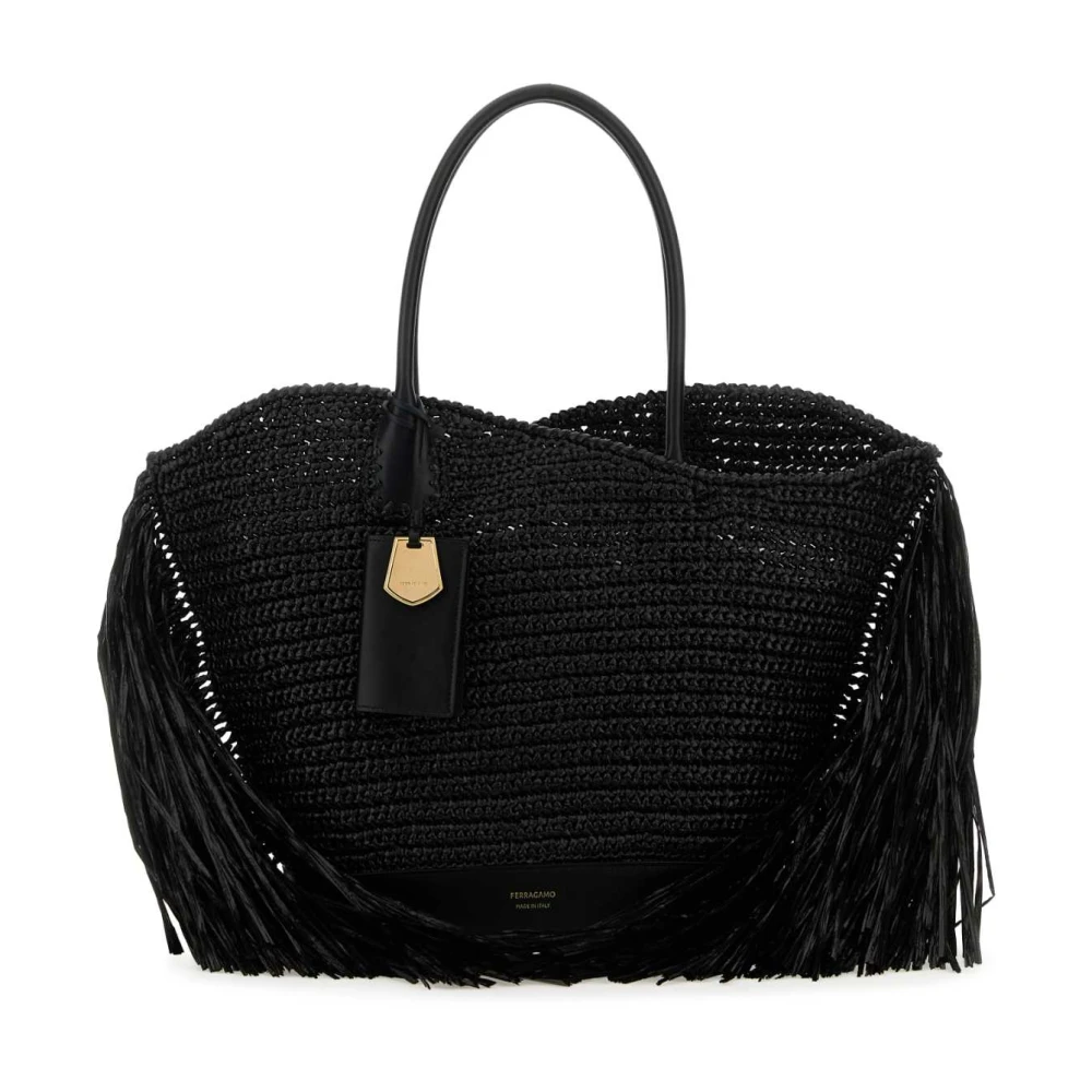 Ferragamo Donna Nero Shopping Bag In Rafia E Pelle