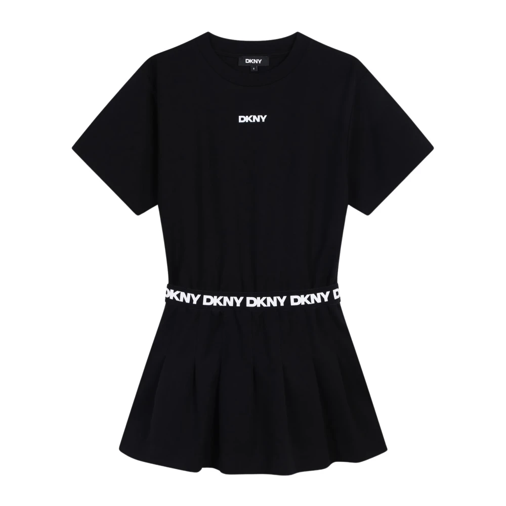 Dkny Svart Veckad Klänning Kort Ärm Black, Flicka