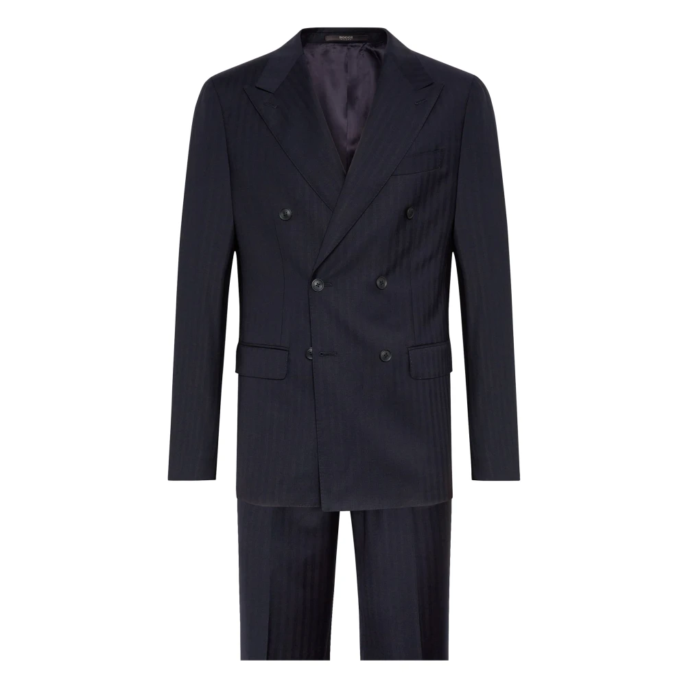 Boggi Milano Haringbeen Dubbelrijig Pak van Pure Wol Blue Heren