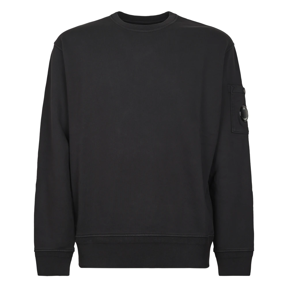 C.p. Company Men's Black Sweatshirts, M, Cotton Diagonal Fleece Crewneck Lens Sweatshirt 6