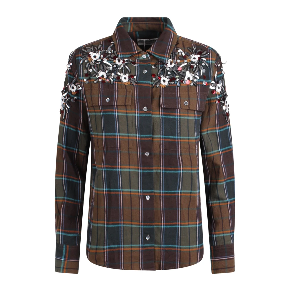 Essentiel Antwerp Khaki Geborduurd Geruit Overhemd Multicolor Dames