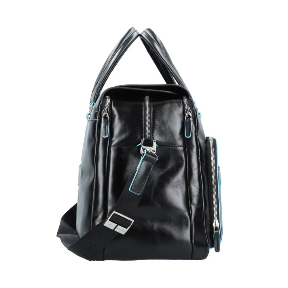 Piquadro Zwarte Leren Reistas Blauw Vierkant Black Unisex