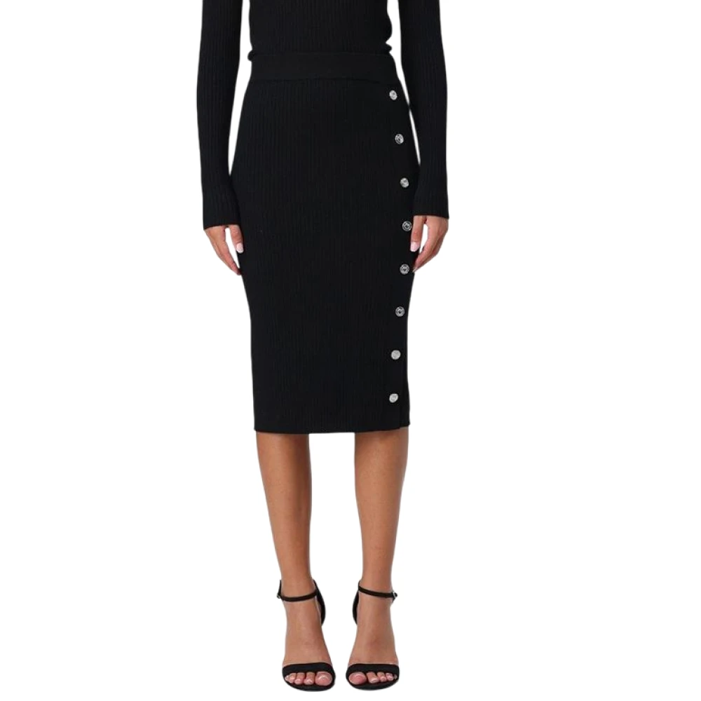 Pinko Women's Black Ribbed Midi Skirt With Buttons