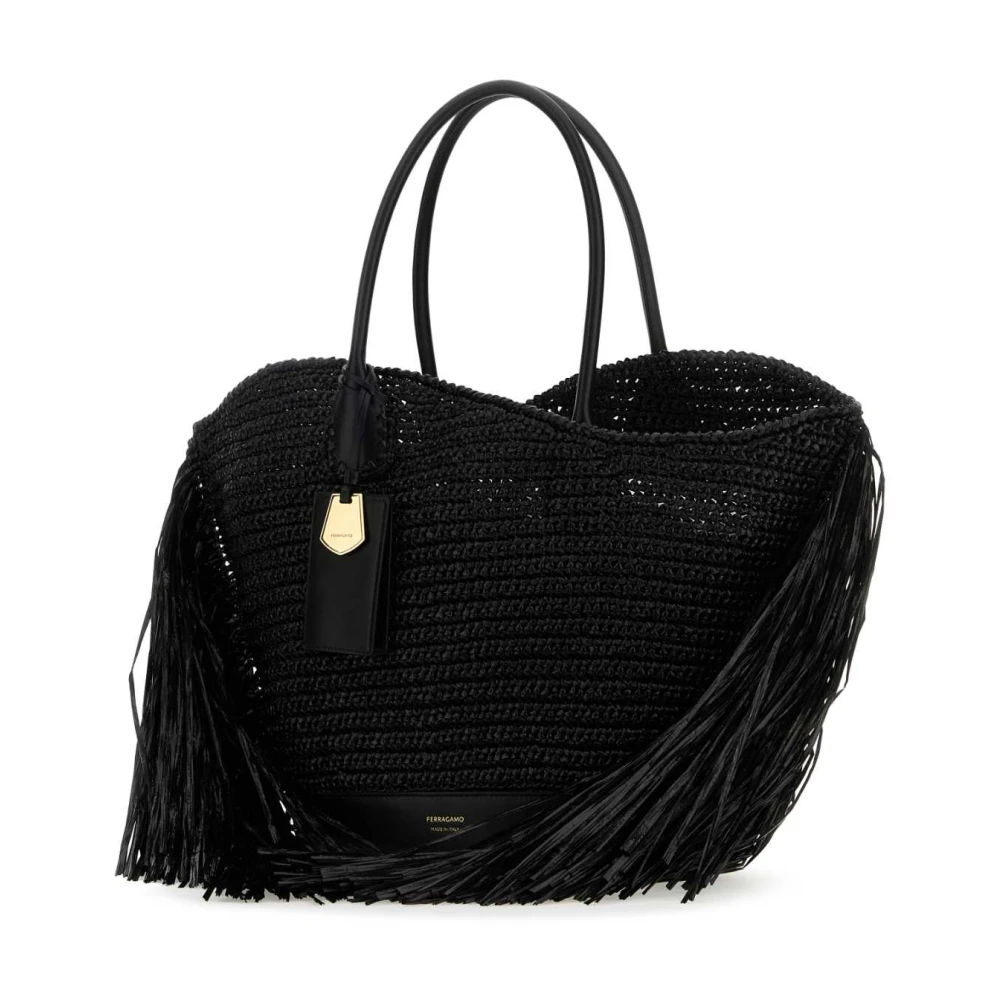 Ferragamo Raffia And Leather Shopping Bag - Female - Handbags - Black - One Size - Bags - Image 5