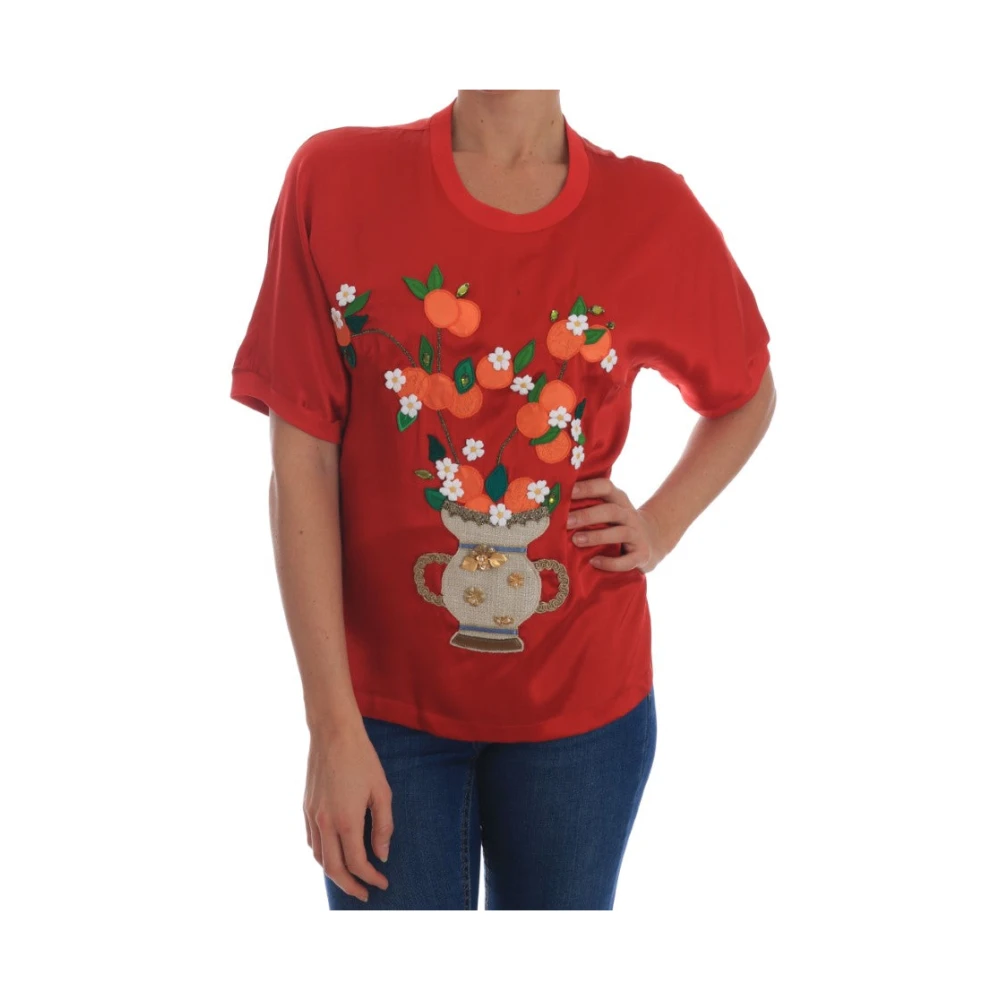 Dolce & Gabbana Women's Red Elegant Silk Blouse With Crystal Embellishments