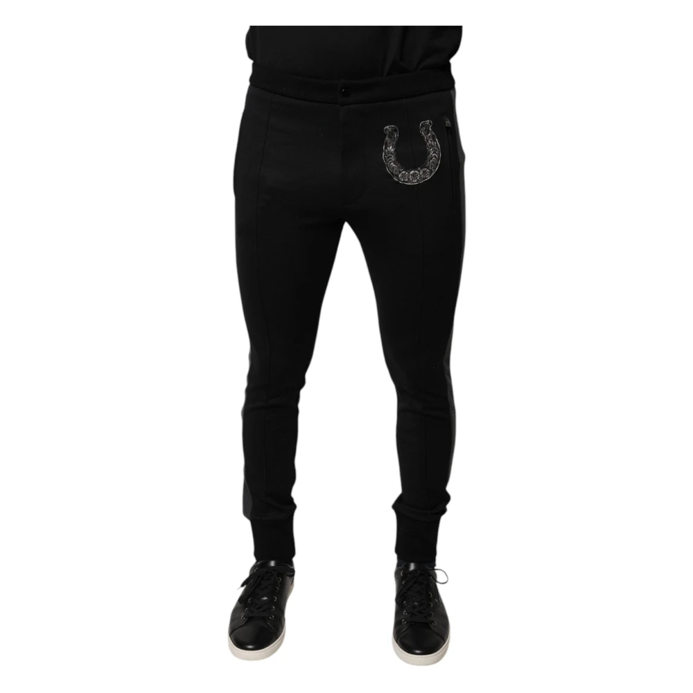 Dolce & Gabbana Men's Black Sweatpants, Xs, Horseshoe Embellished Wool Slim Fit Trousers