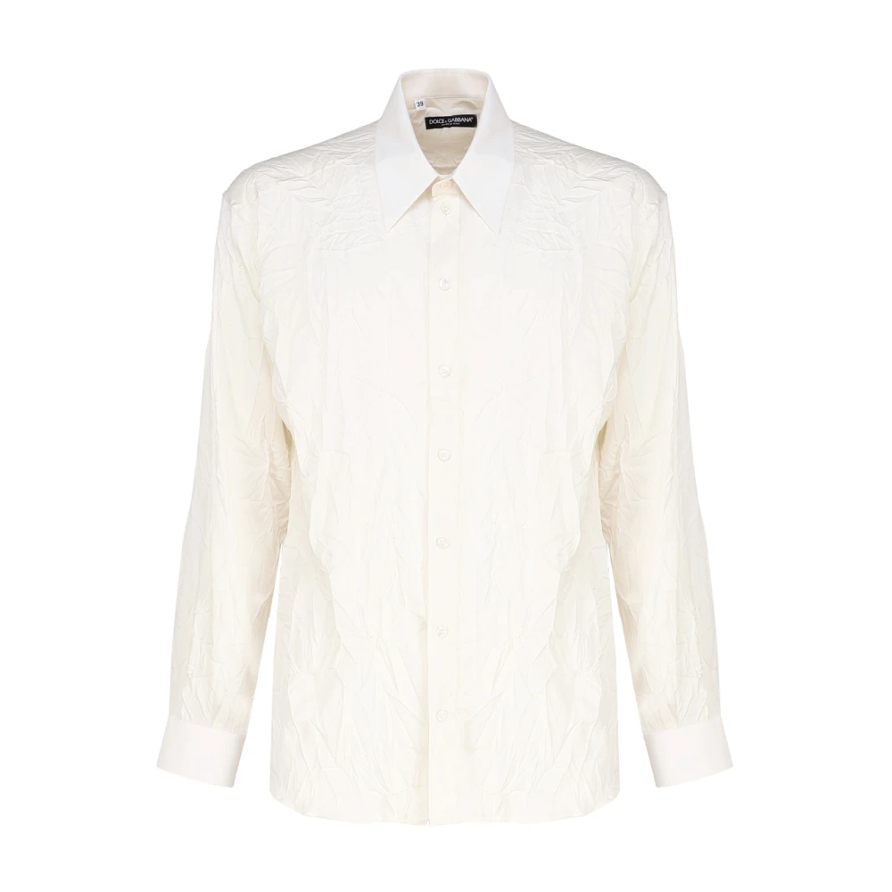 Dolce & Gabbana Men's White Formal Shirts, L, Silk Over Shirt With Wrinkled Effect