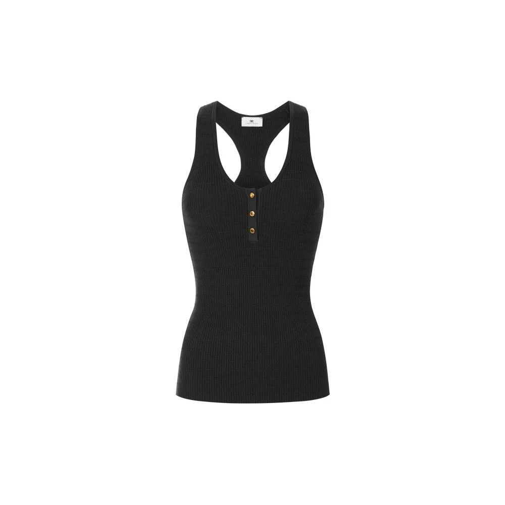 Elisabetta Franchi Women's Black Sleeveless Tops, S, Micro-Braided Knit Top