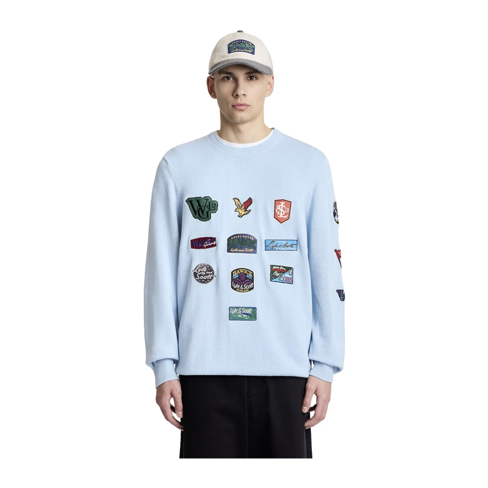 Lyle & Scott Men's Blue Cotton Linen Embroidered Jumper - Round-Neck Knitwear - L - Knitwear