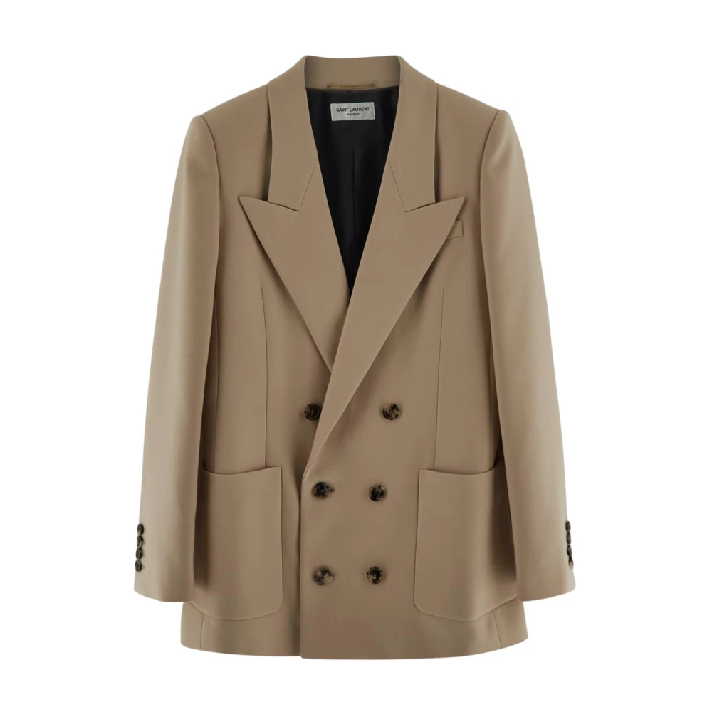 Saint Laurent Wollen Double Breasted Jas Beige Dames
