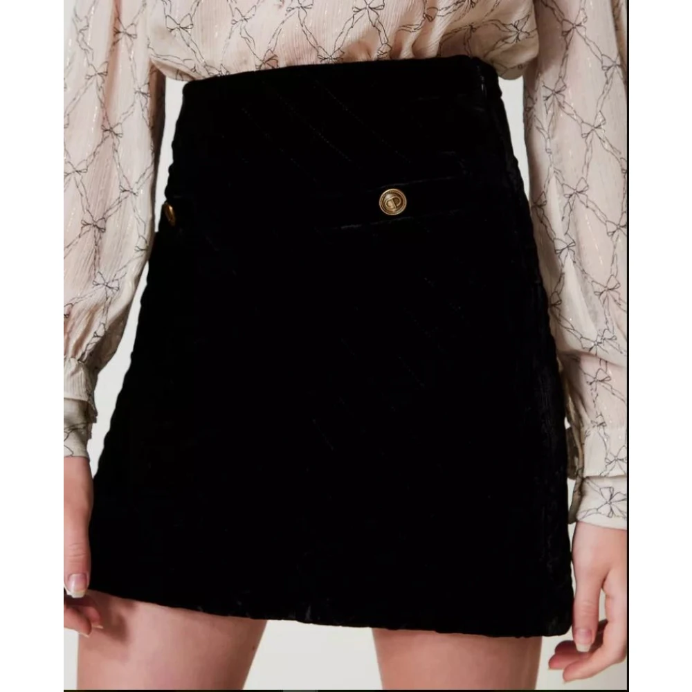 Twinset Diamantgestikte fluwelen minirok met logo-knopen Black Dames