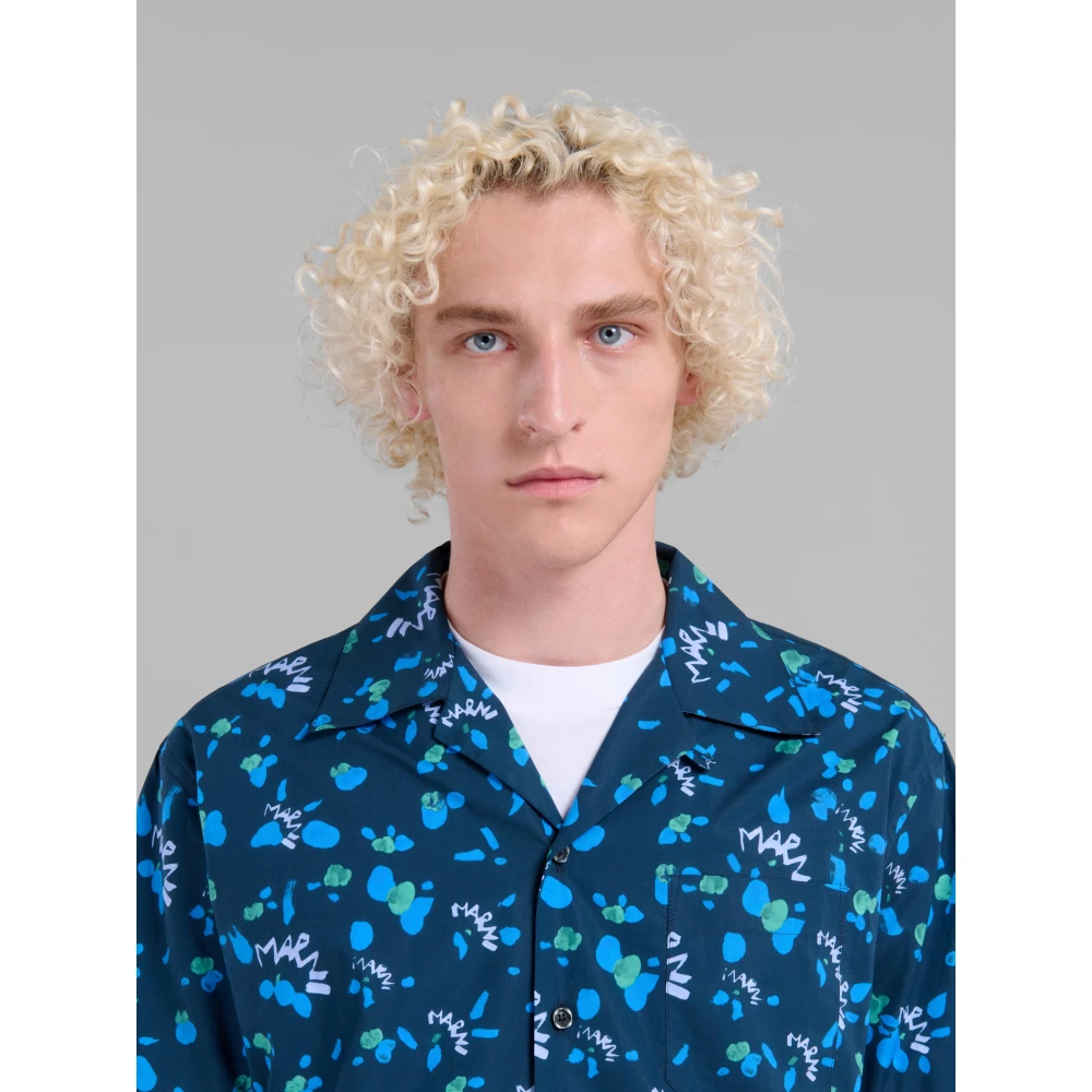 Marni Poplin bowling shirt met druipend print Blue Heren