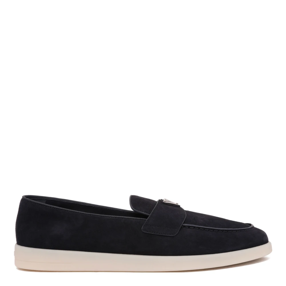 Prada Men's Blue Loafers, 10 Uk, Triangle Logo Suede Loafers