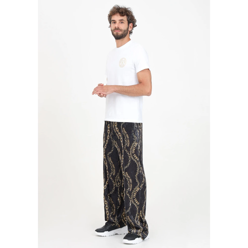 Versace Jeans Couture Zwarte Fluwelen Sportbroek met Chromo Couture Print Multicolor Heren