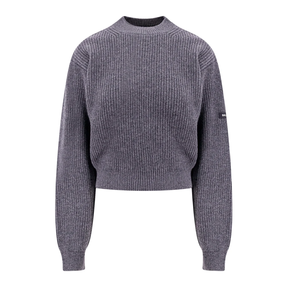 Balenciaga Wollen Cropped Sweater met Logo Patch Gray Dames