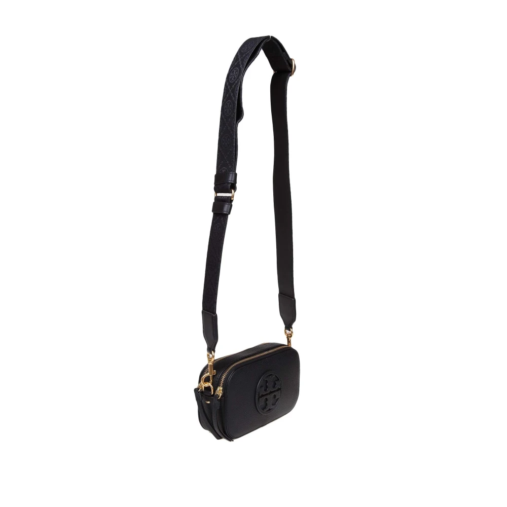 TORY BURCH Zwarte Leren Schoudertas met Dubbel T Logo Black Dames