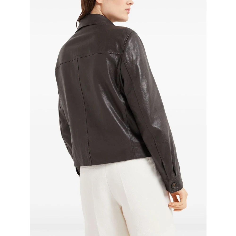 BRUNELLO CUCINELLI Donkerbruine Dubbelborst Leren Jas Brown Dames