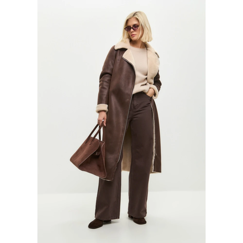 Cesare Gaspari Bruine Faux Reversible Shearling Lange Jas Brown Dames