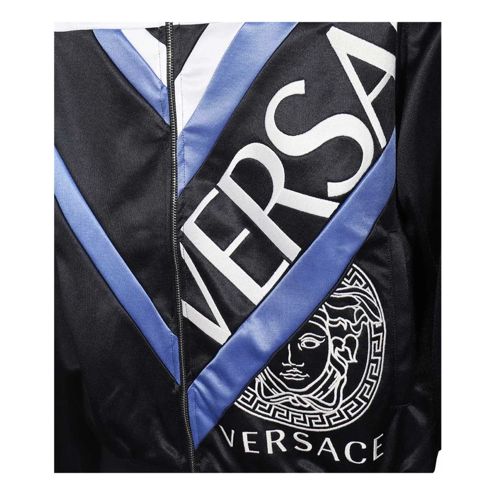Versace Logo Bedrukte Jas Hoge Kraag Voorrits Black Heren