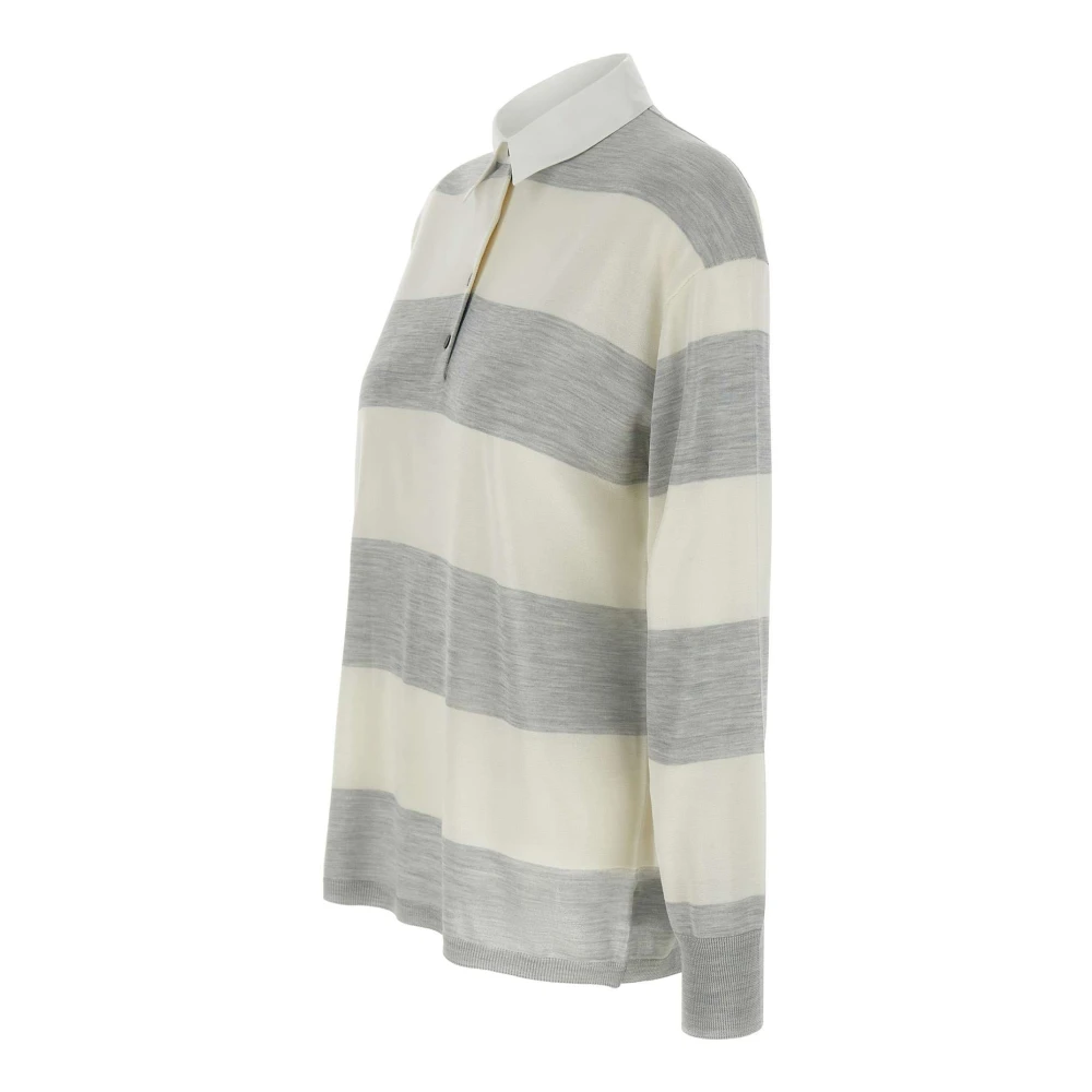 Theory Gestreepte Zijden Polotrui Gray Dames