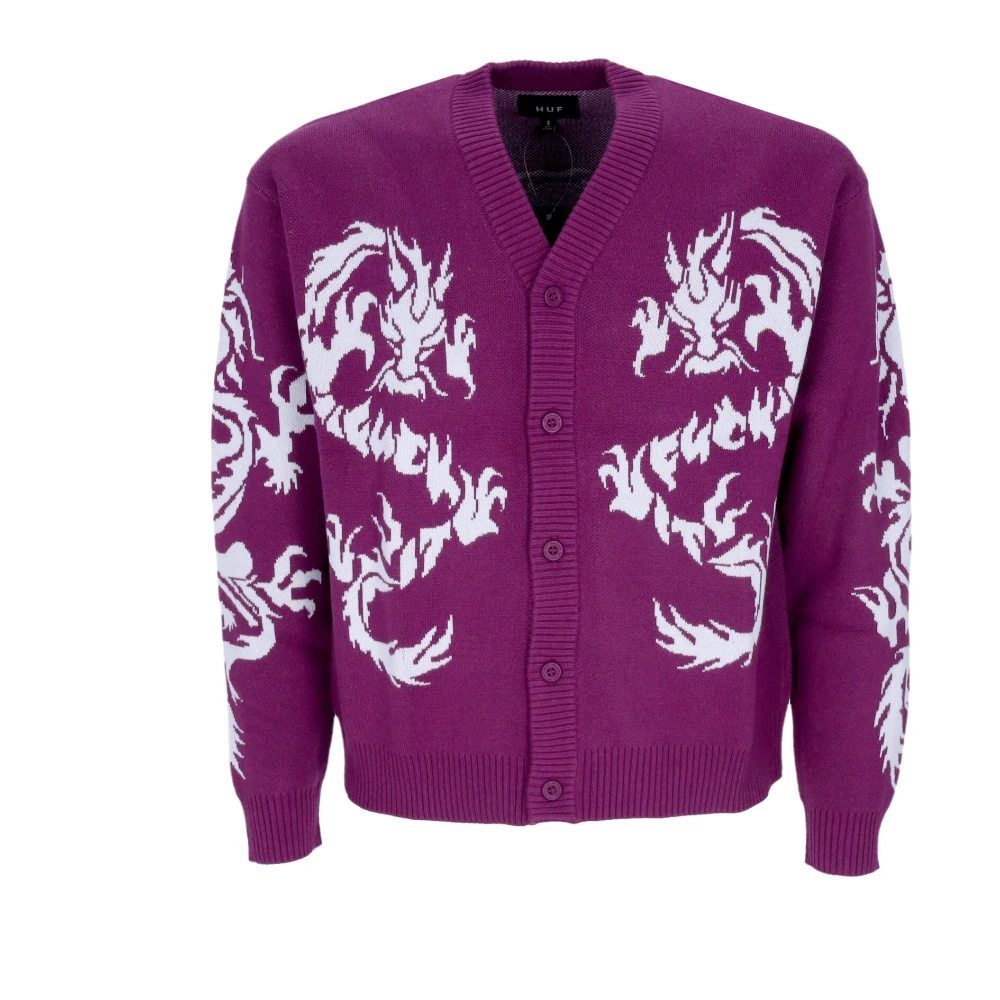 HUF Paarse Twin Dragon Cardigan Streetwear Purple Heren