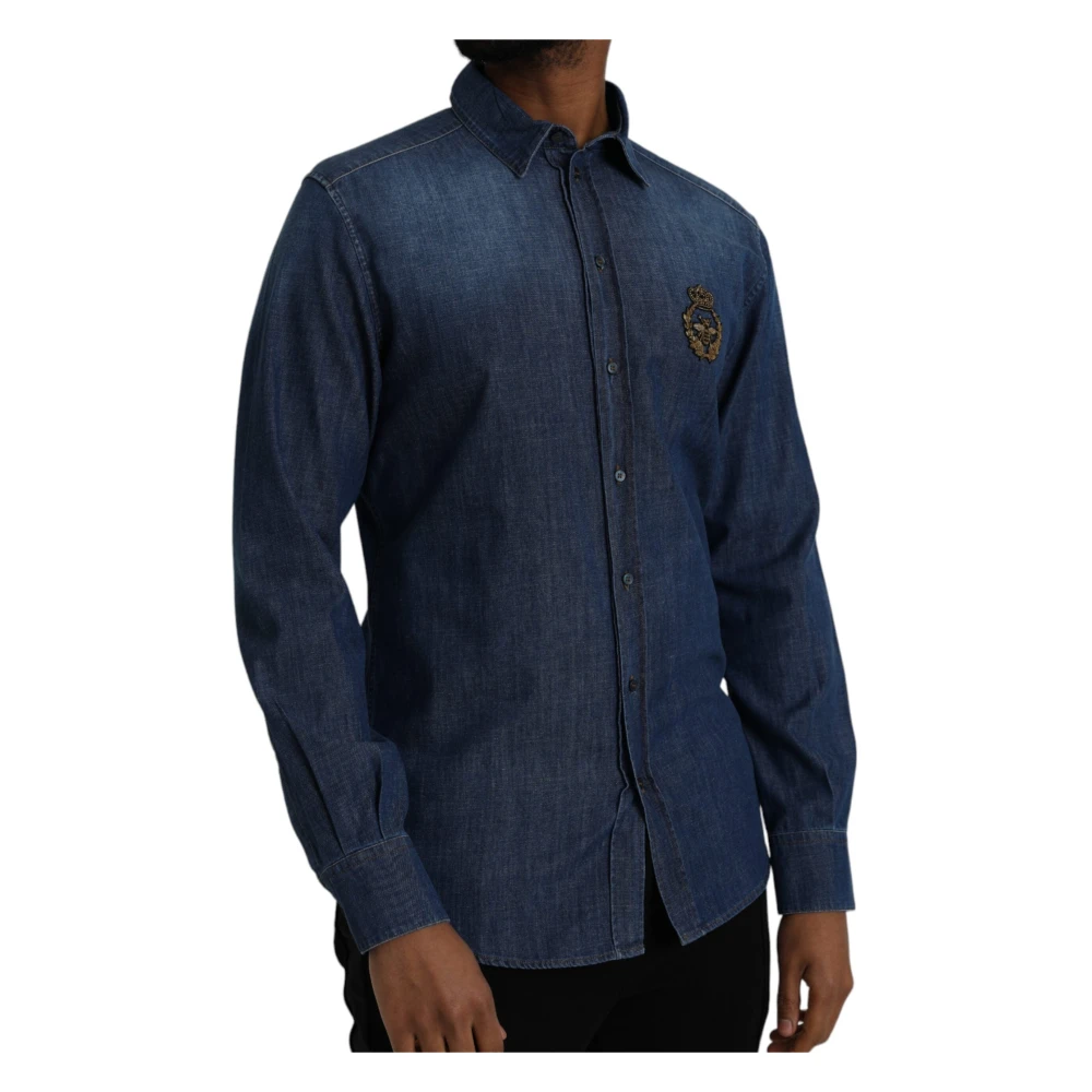 Dolce & Gabbana Blauw Kroon Bij Denim Shirt Blue Heren