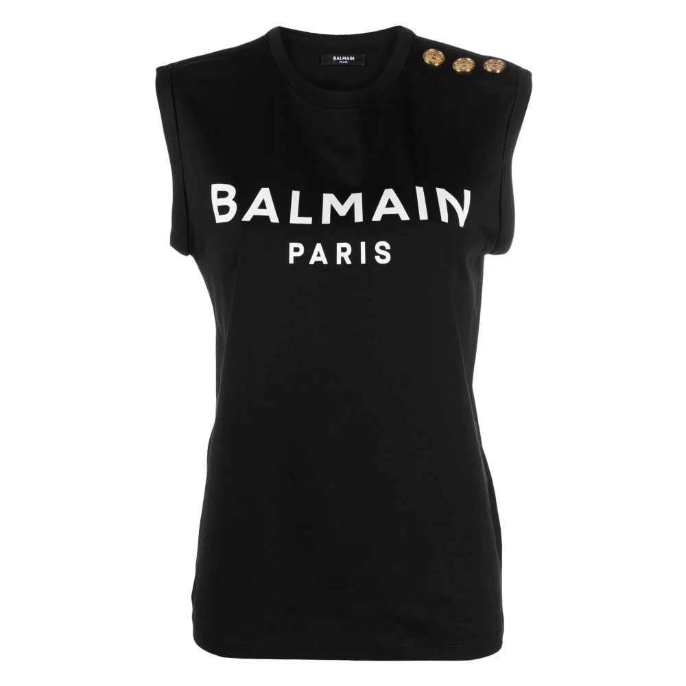 Balmain Svart Casual T-shirt med Dekorativa Knappar Black, Dam