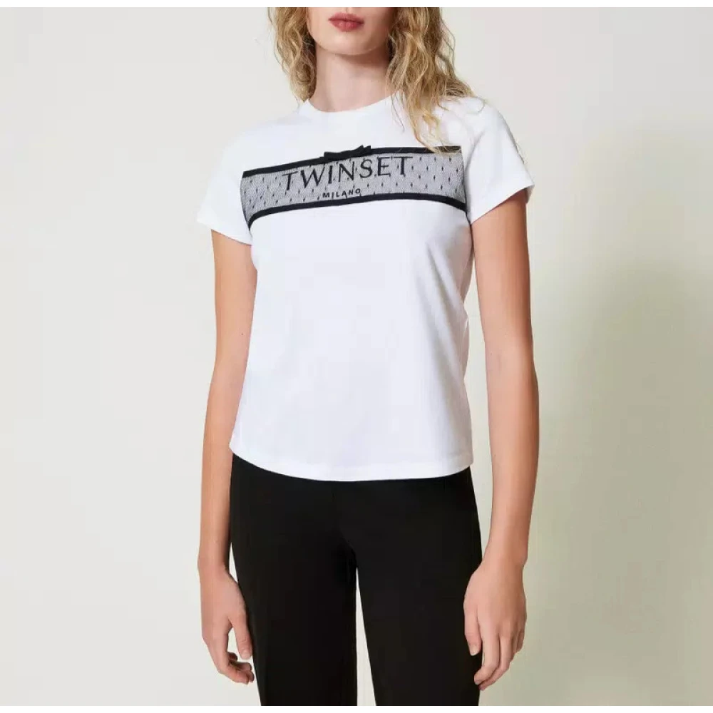 Twinset Tule Ruche Logo Geborduurd T-Shirt White Dames