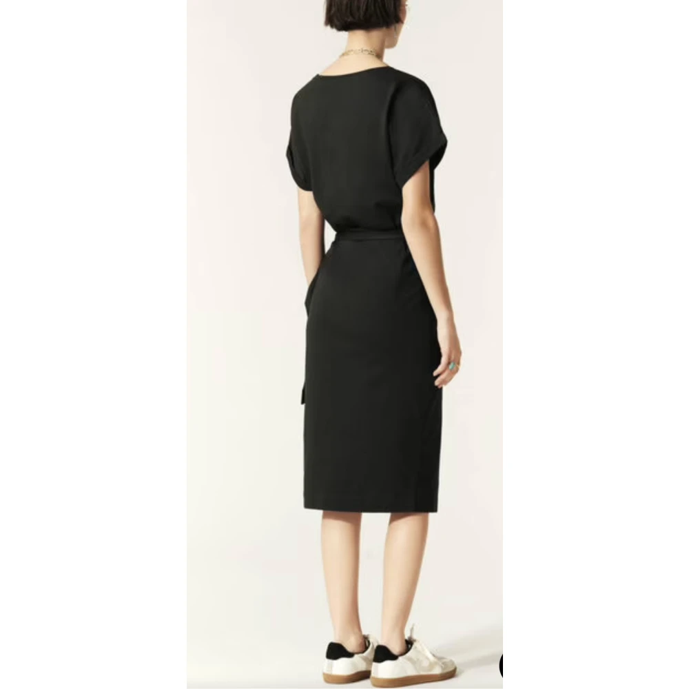 BA&SH Korte Mouw Midi Jurk met Riem Black Dames