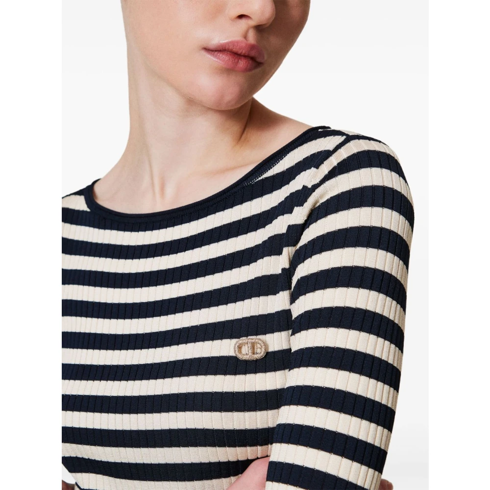 Twinset Blauwe Boat Neck Sweaters met Logo Multicolor Dames