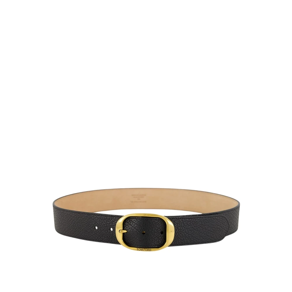 Tom Ford Unisex Black Grain Leather Oval Belt - Belts - 105 Cm - Accessories
