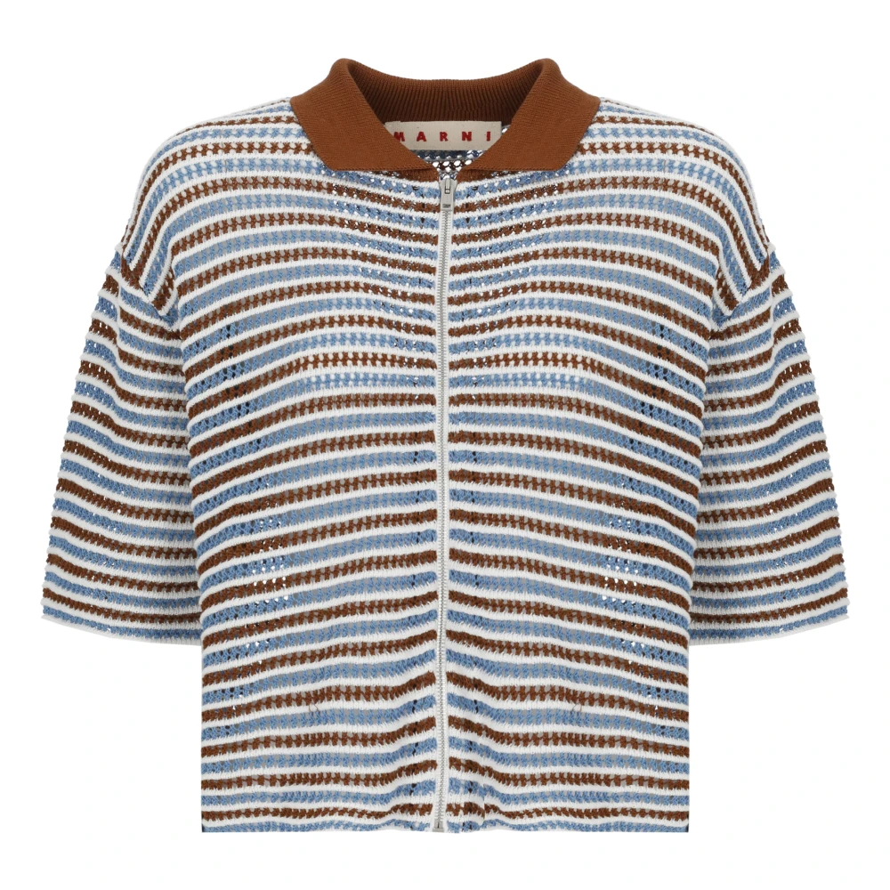 Marni Women's Brown Cardigans, 3XS, Striped Cotton Crochet Cardigan