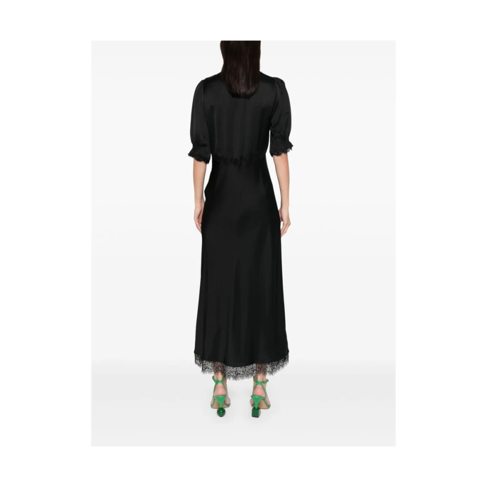 Rixo Zwarte Satijnen V-Hals Kant Jurk Black Dames