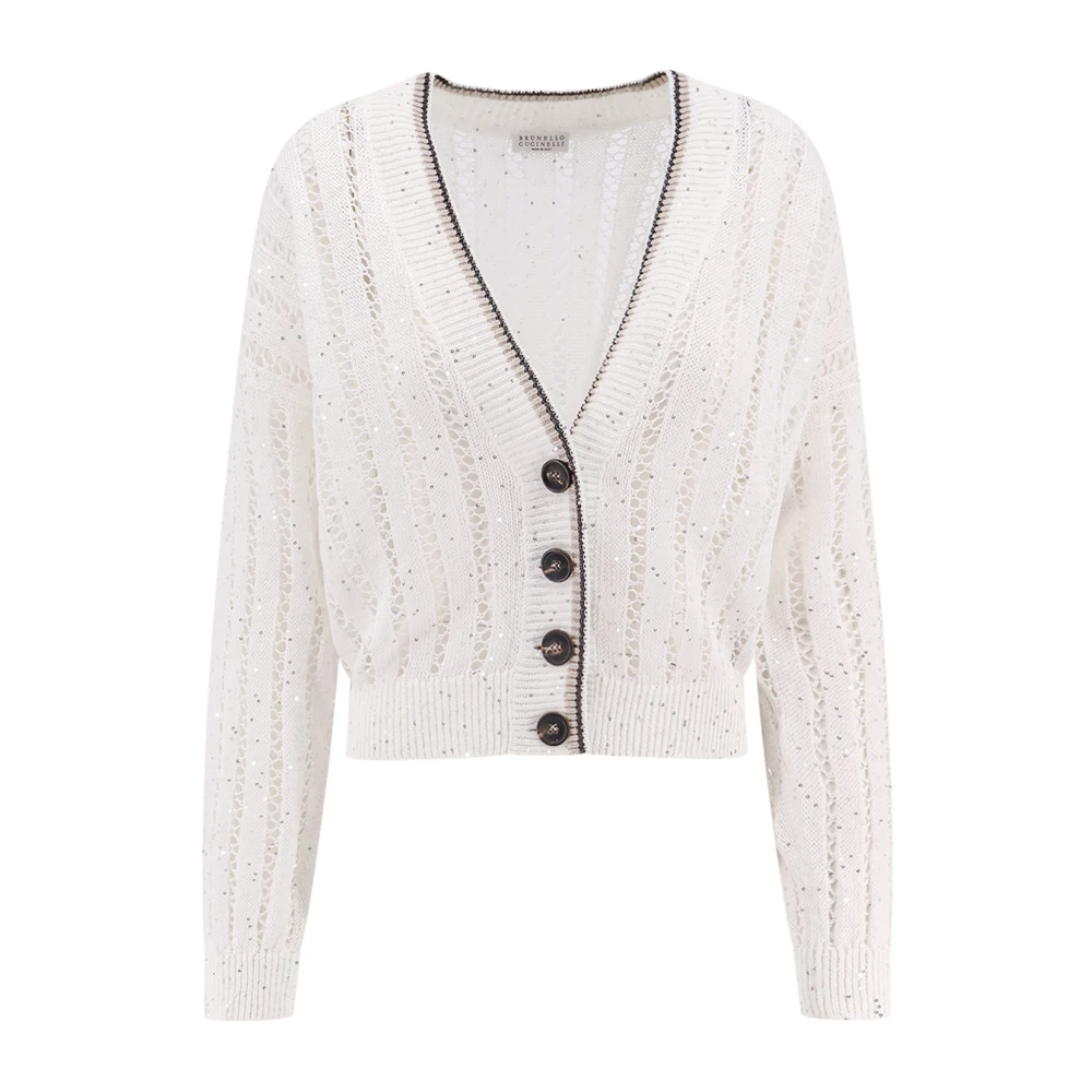 BRUNELLO CUCINELLI Linnen V-hals Cardigan met Pailletten White Dames
