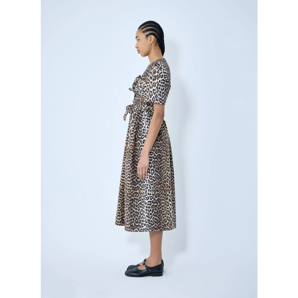 Ganni Luipaardprint Midi Jurk met Zelfstrik Brown Dames