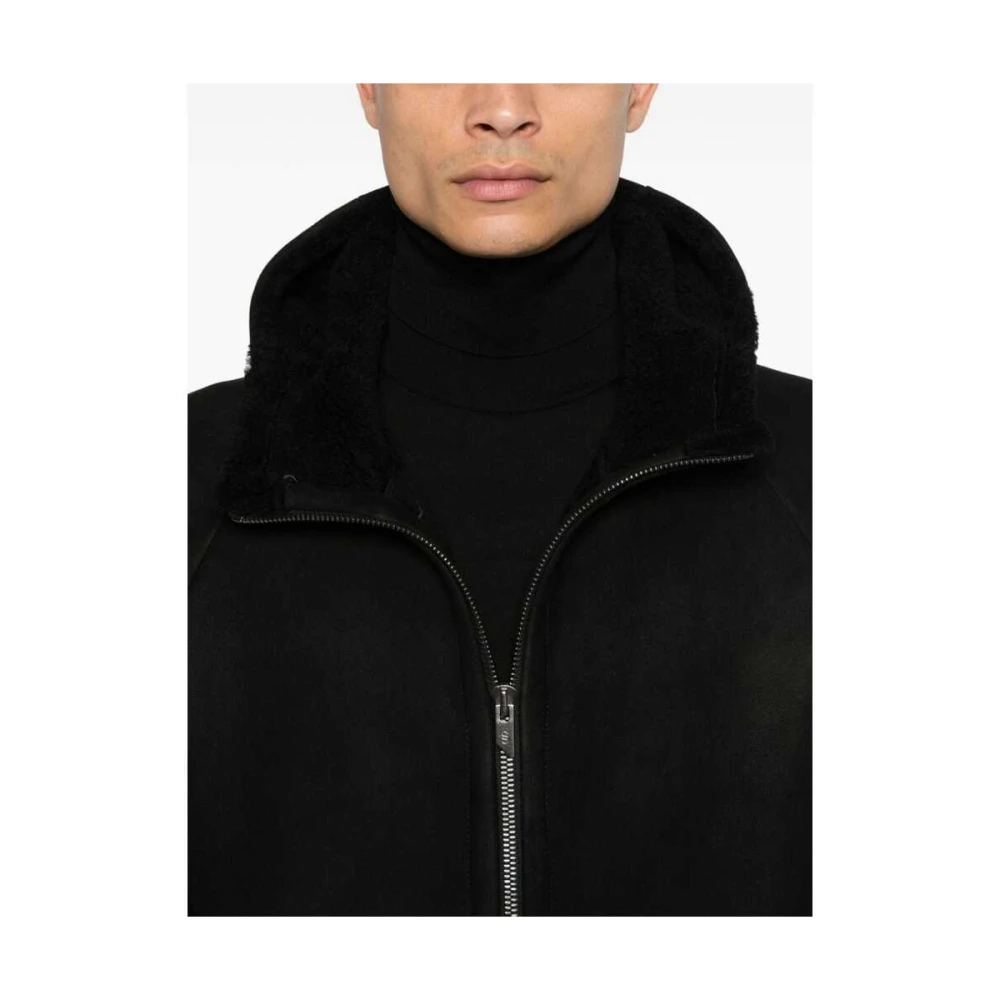 Salvatore Santoro Zwarte Sheepskin Hoodie Jas Shearling Gevoerd Black Heren