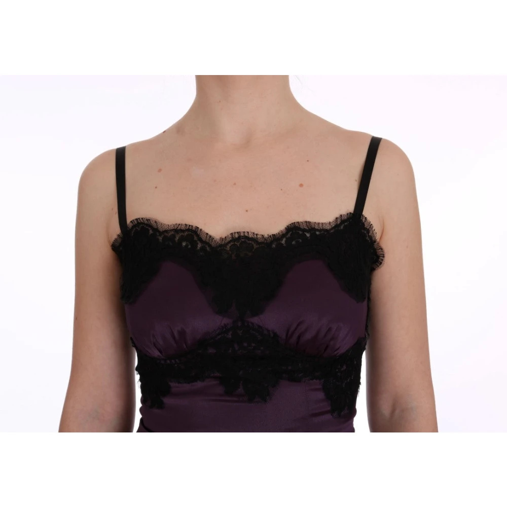 Dolce & Gabbana Elegante Paarse Zijden Kant Shift Jurk Purple Dames