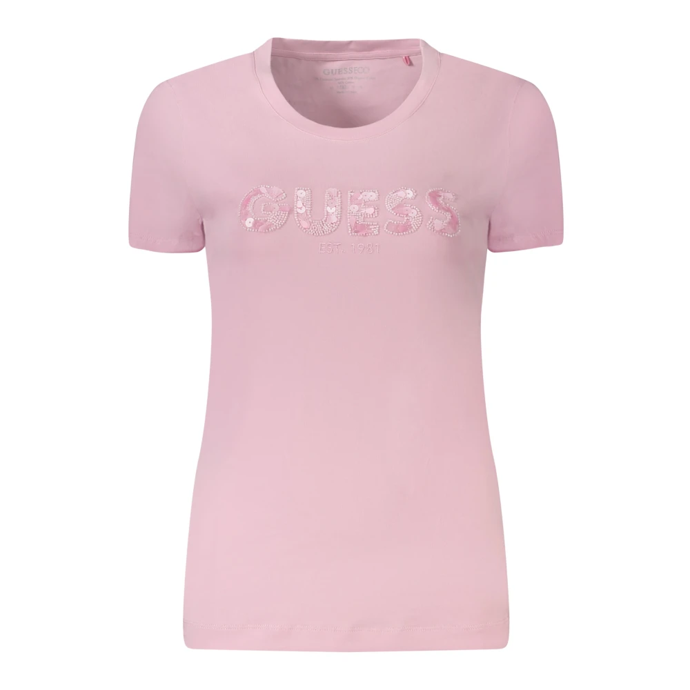 Guess , T-Shirts, Female, Pink, S, Crewneck Sequin Tee