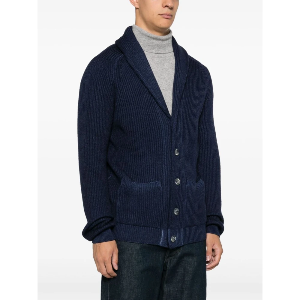 Fedeli Gebreide Engelse Rib Cardigan Sweaters Blue Heren